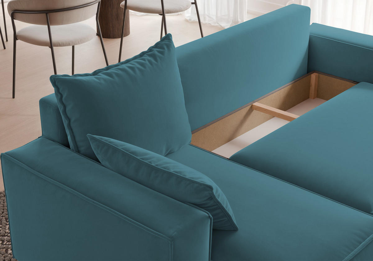 ECKSOFA Tobi mit Bettkasten und Schlaffunktion, L-Form, Velourstoff, Universal - Türkis, Holzwerkstoff (246/145cm) - 4ALL HOME