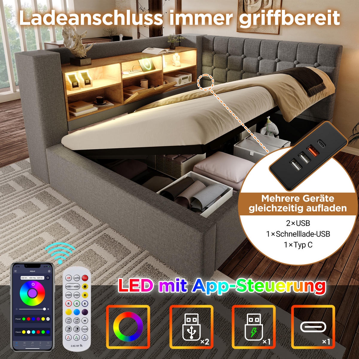 POLSTERBETT 90/200 cm mit LED-Beleuchtung, USB-Anschlüssen, hydraulischem Stauraum und L-Kopfteil, Grau - Grau, Textil (90/200cm) - Redom