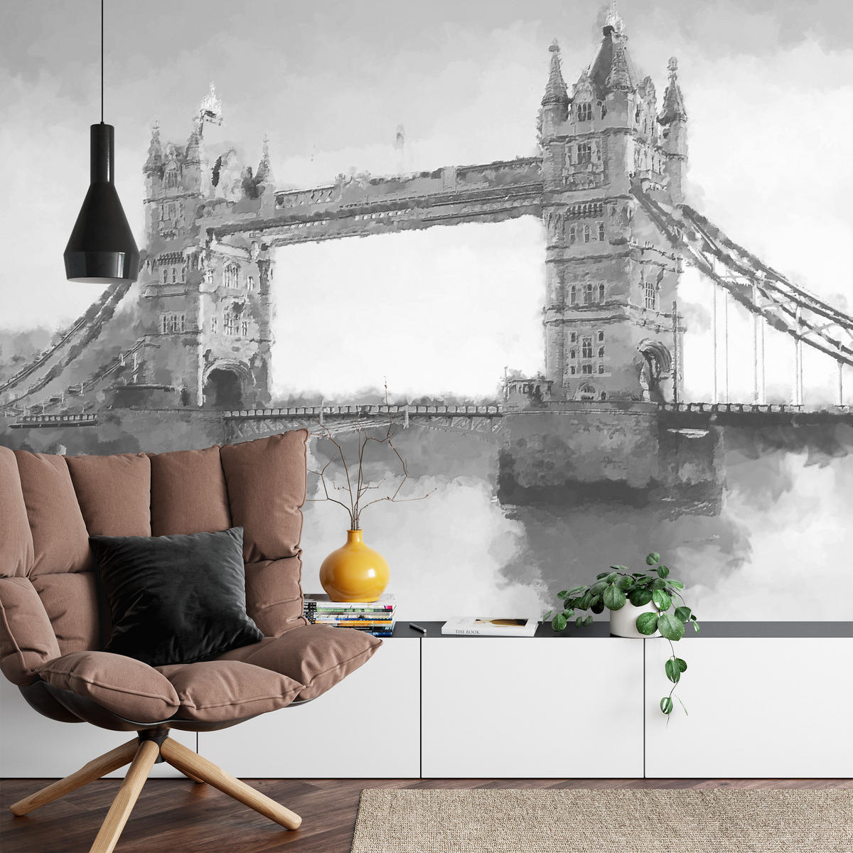 FOTOTAPETE für Wohnzimmer Tower Bridge Vintage Stil 200x140 - Schwarz/Grau, Papier (200/140cm) - Muralo