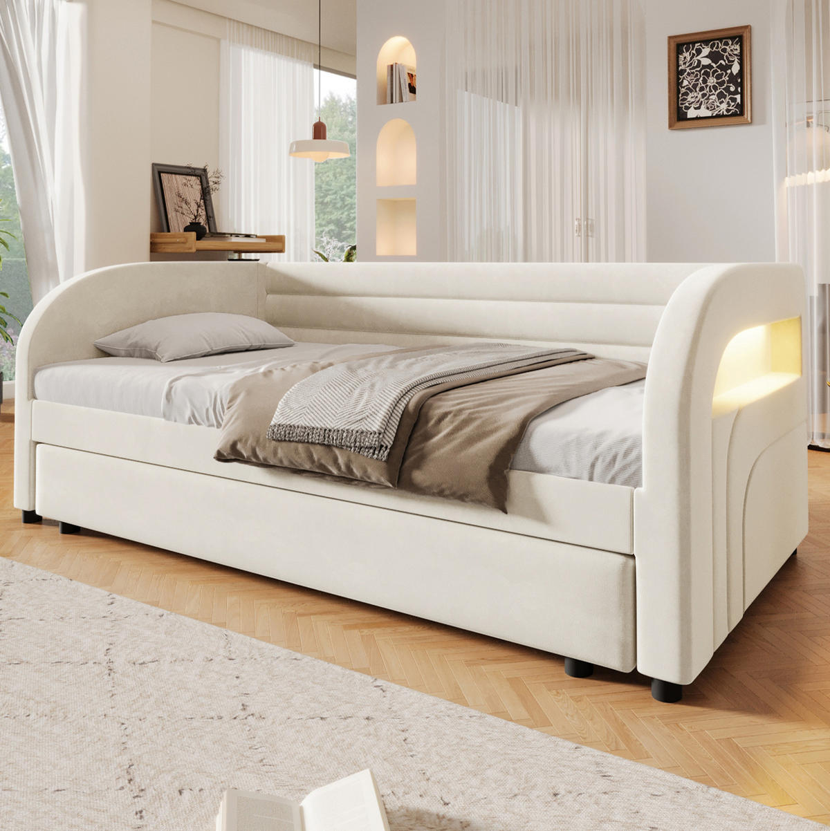 POLSTERBETT 90x200 cm in Beige mit Ausziehbett und LED-Beleuchtung - Beige, Textil (90/200cm) - IVMEU