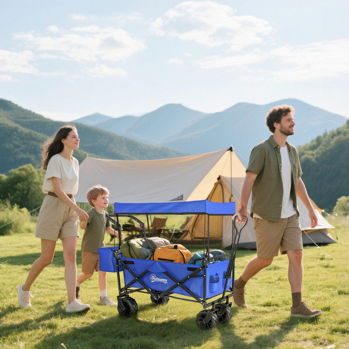 GARTENWAGEN DE-18763 klappbar mit Dach & All-Terrain-Rollen Blau - Blau, Metall (55/98/117cm) - ComfortXL