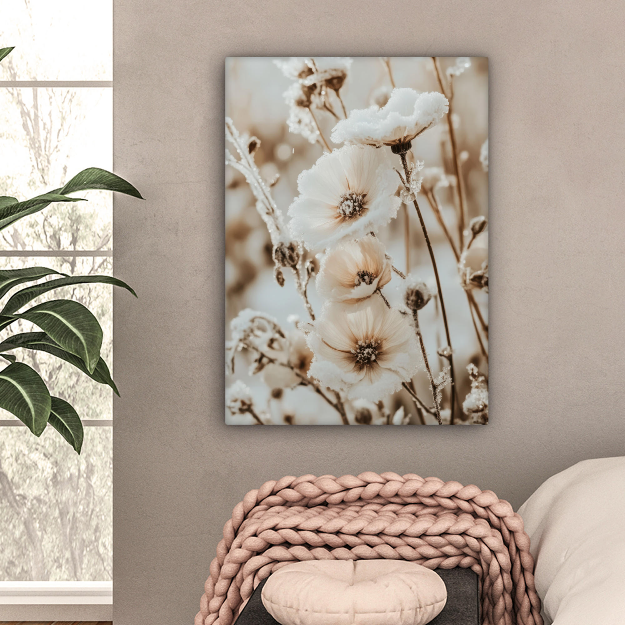 LEINWANDBILD Blumen - Winter - Weiß - Schnee - Beige 60x80 cm - Creme, Textil (60/80cm) - MuchoWow