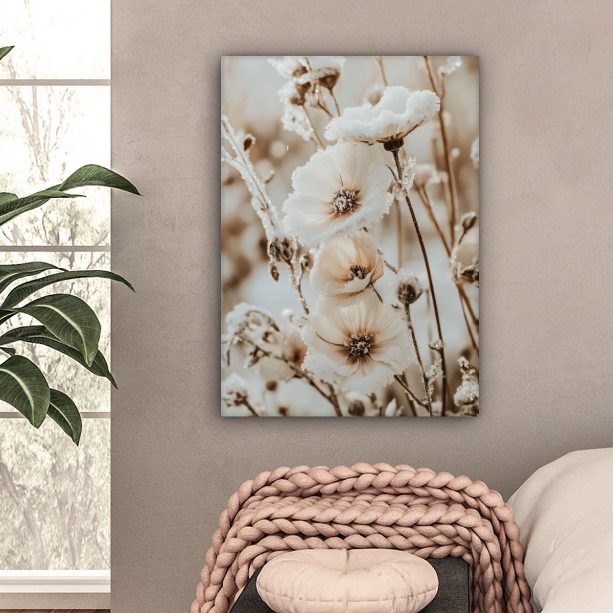 LEINWANDBILD Blumen - Winter - Weiß - Schnee - Beige 60x80 cm - Creme, Textil (60/80cm) - MuchoWow