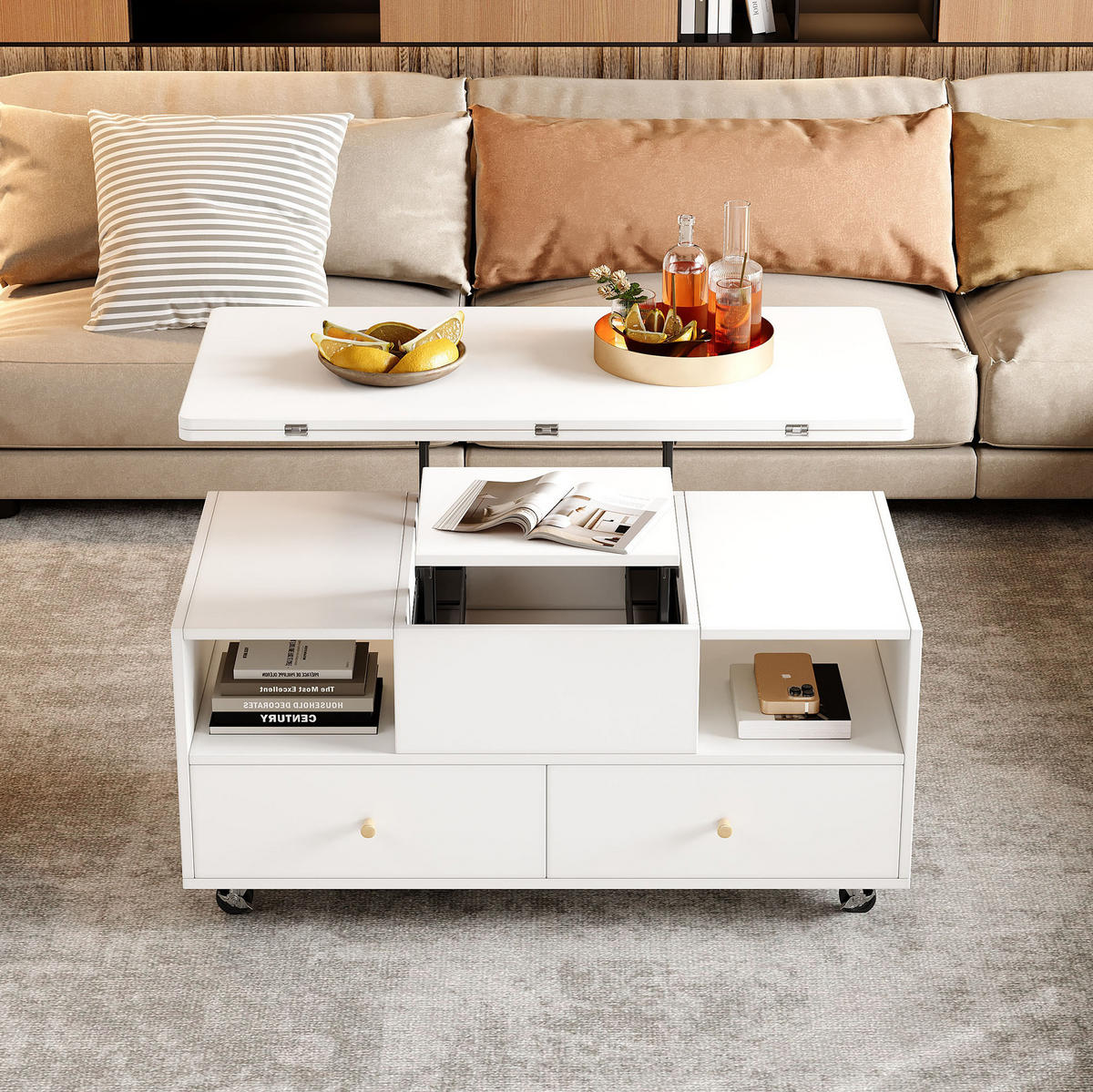 COUCHTISCH 100/50/47,5 cm Höhenverstellbar mit Klappfunktion und 4 Schubladen in Weiß - Weiß, Holzwerkstoff (100/50/47.5cm) - OKWISH