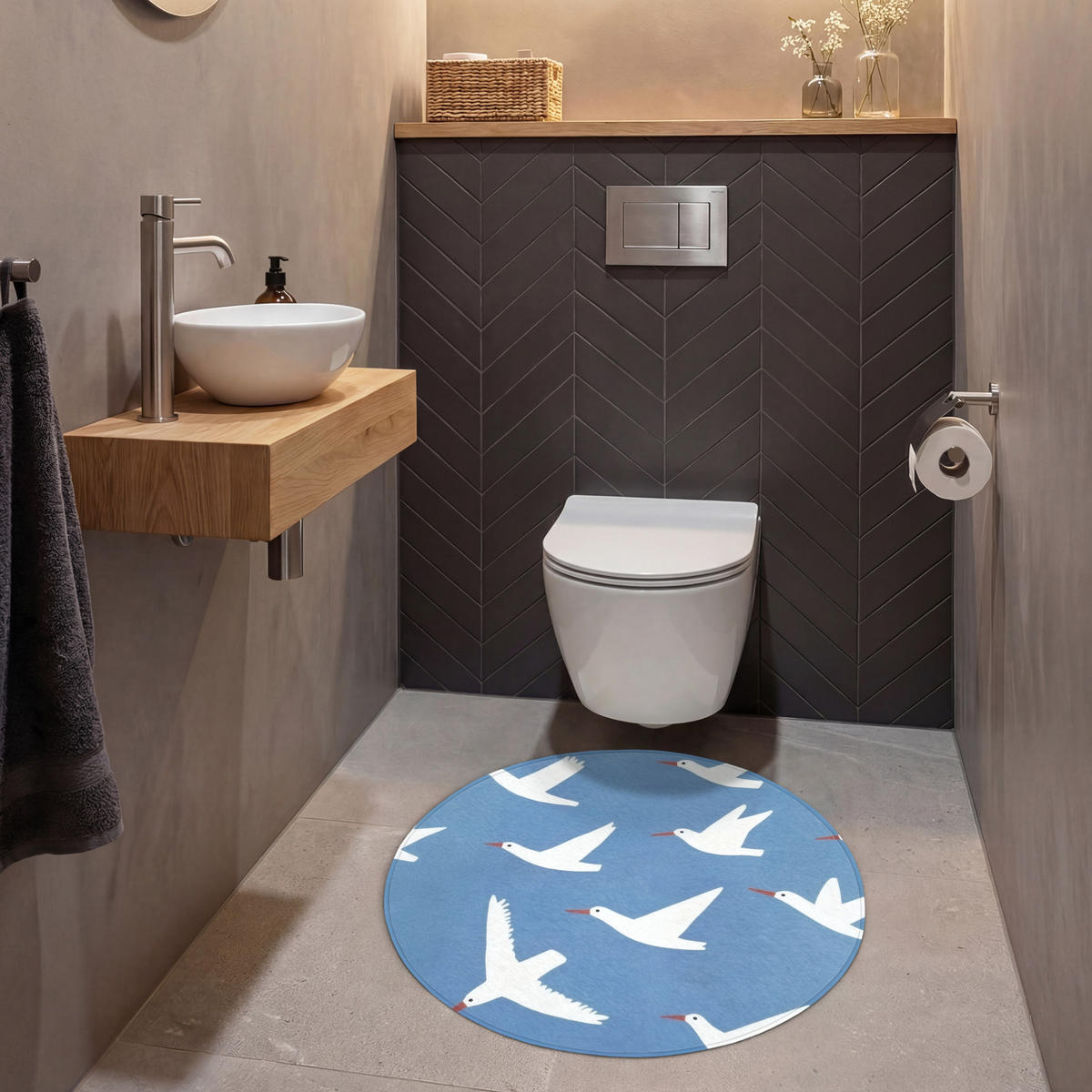 WC PŘEDLOŽKA Ptáci - bílá - vzor 70x70 cm - modrá, textil/plast (70/1cm) - OnlyWow