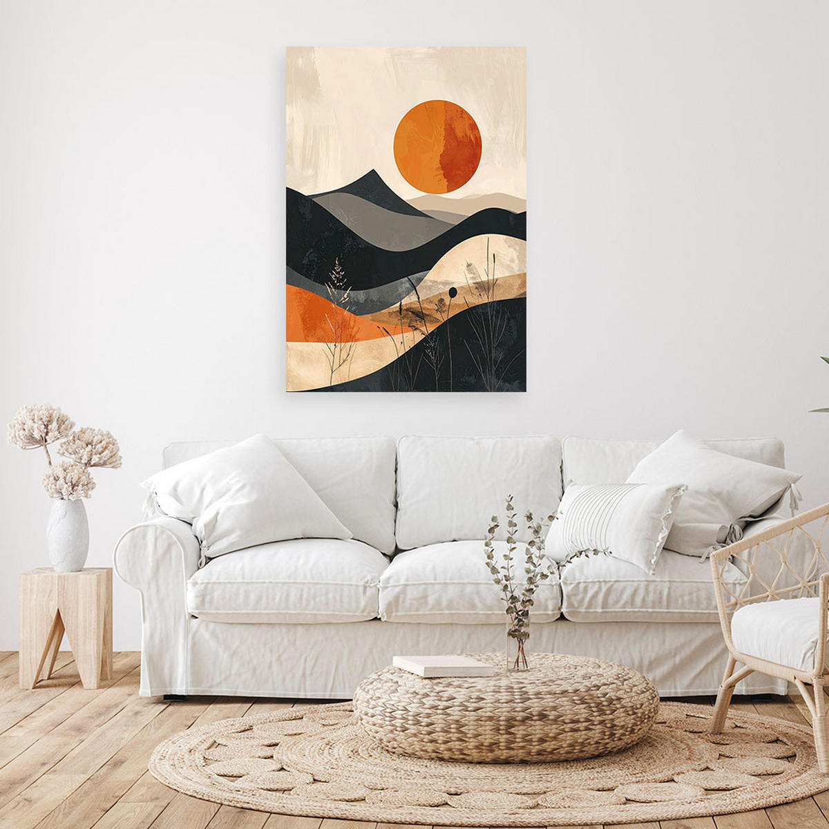 BILD auf Leinwand, Eine minimalistische Landschaft mit Bergen und einer orangefarbenen Sonne. - Orange, Textil (30/45cm) - Feeby