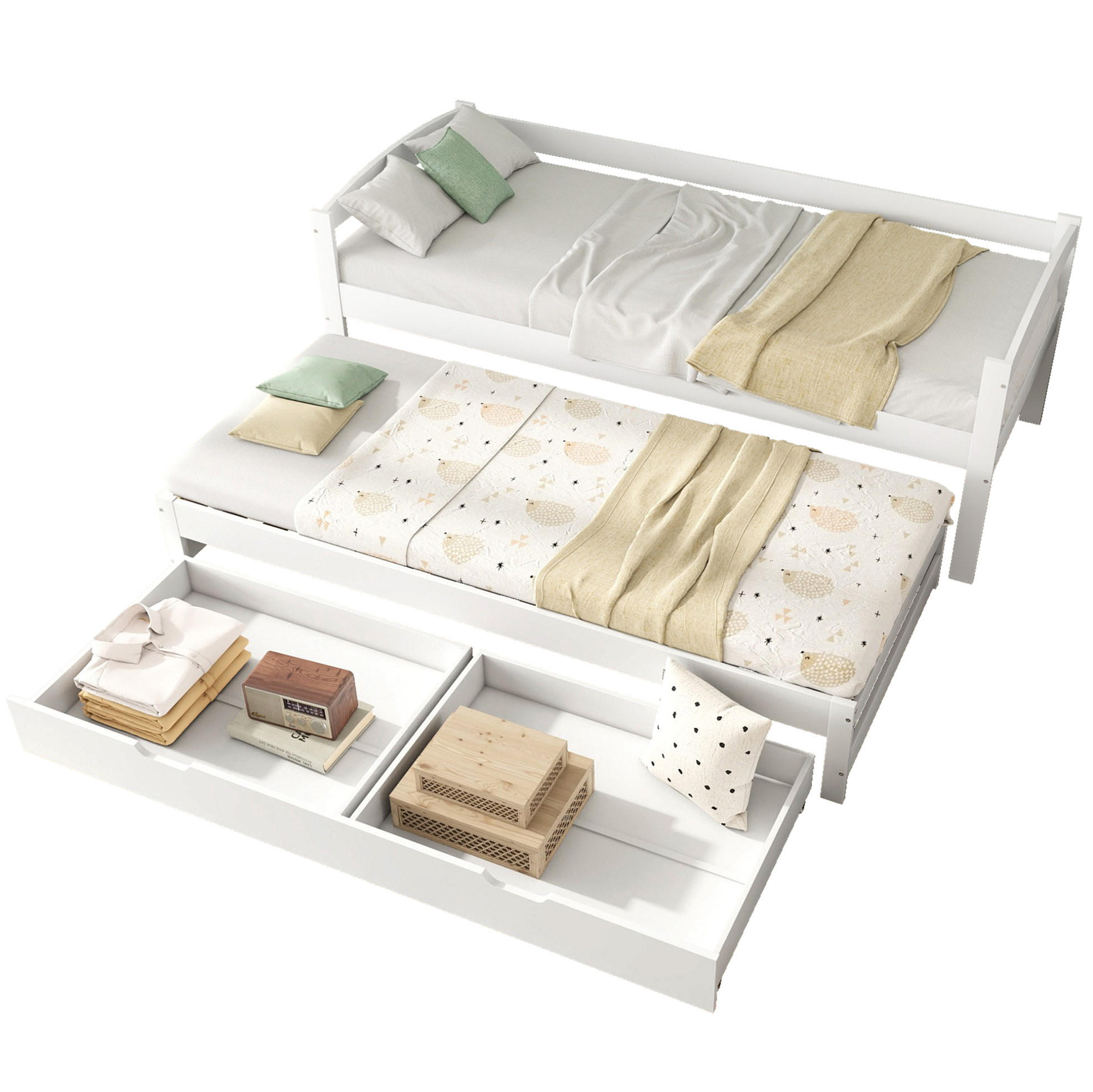 TAGESBETT 200/90 cm mit Ausziehbett 190/90 cm, 2 Schubladen und Massivholzrahmen, Weiß - Weiß, Holzwerkstoff (90/200cm) - Redom