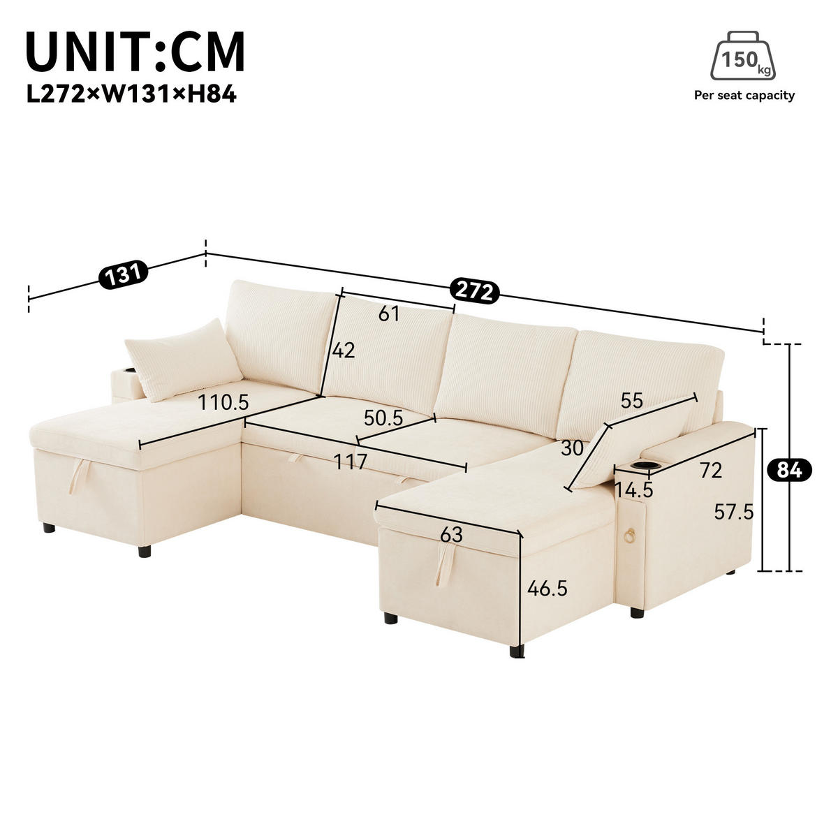 SCHLAFSOFA aus Chenille & Cord 272x131x84 cm in Beige mit Stauraum - Beige, Textil (272/84/131cm) - Modfu