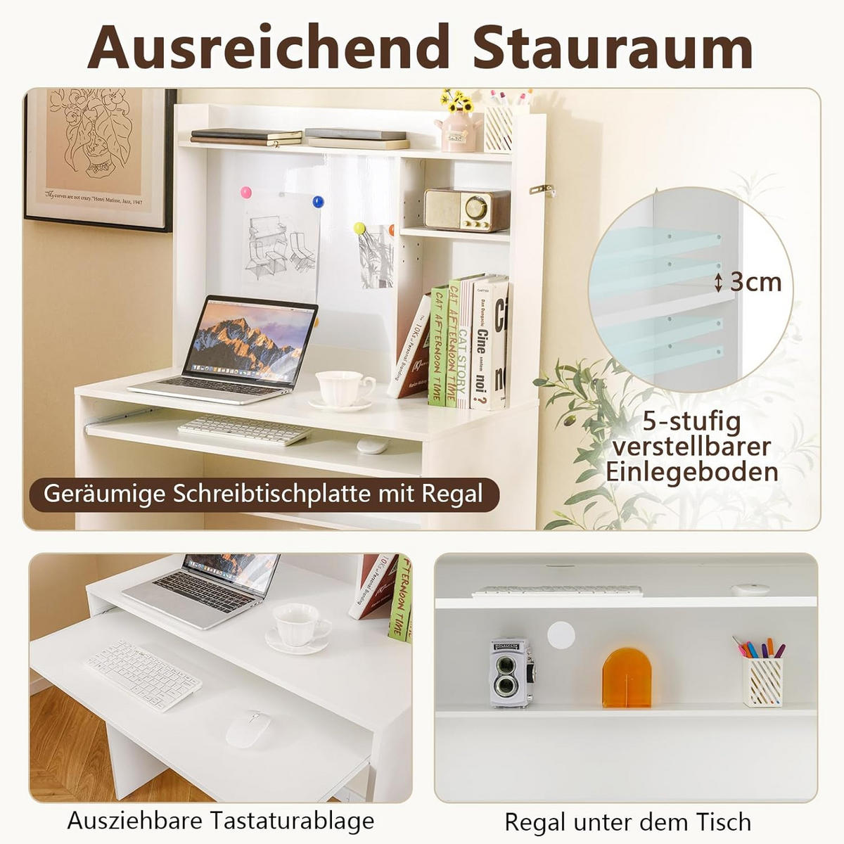 DATORBORD vitt - Vit, Träbaserade material (50/89/138cm) - COSTWAY