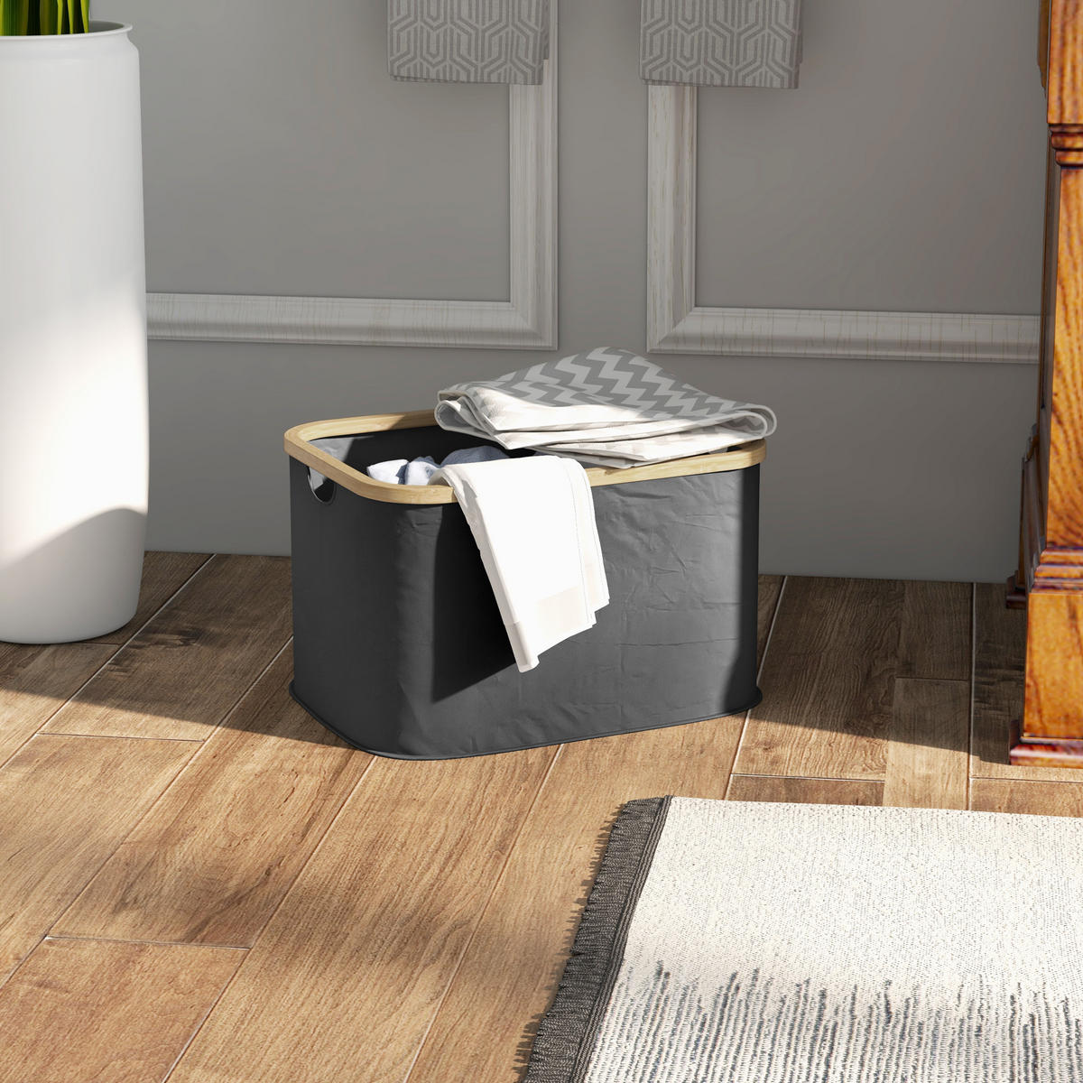 WÄSCHEKORB DE-18805 klappbar, 36L mit Bambusgriffen Schwarz - Schwarz, Textil (44.3/26.5/33.3cm) - ComfortXL