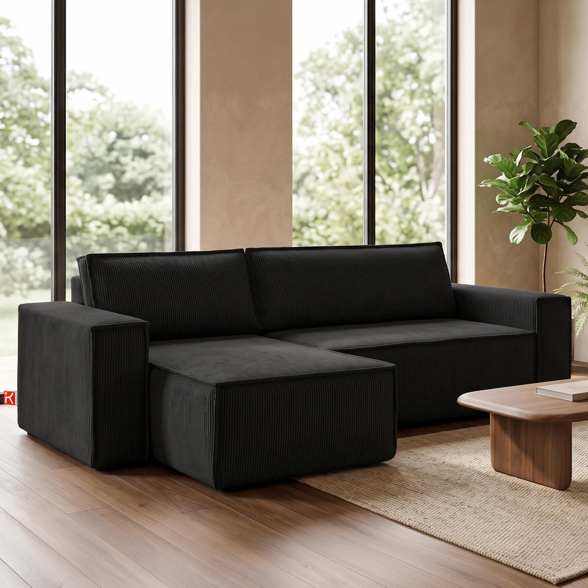 ECKSOFA-LINKS/RECHTS NAPI Schlaffunktion mit Cordbezug, Schwarz - Schwarz, Textil (262/148cm) - KONSIMO®