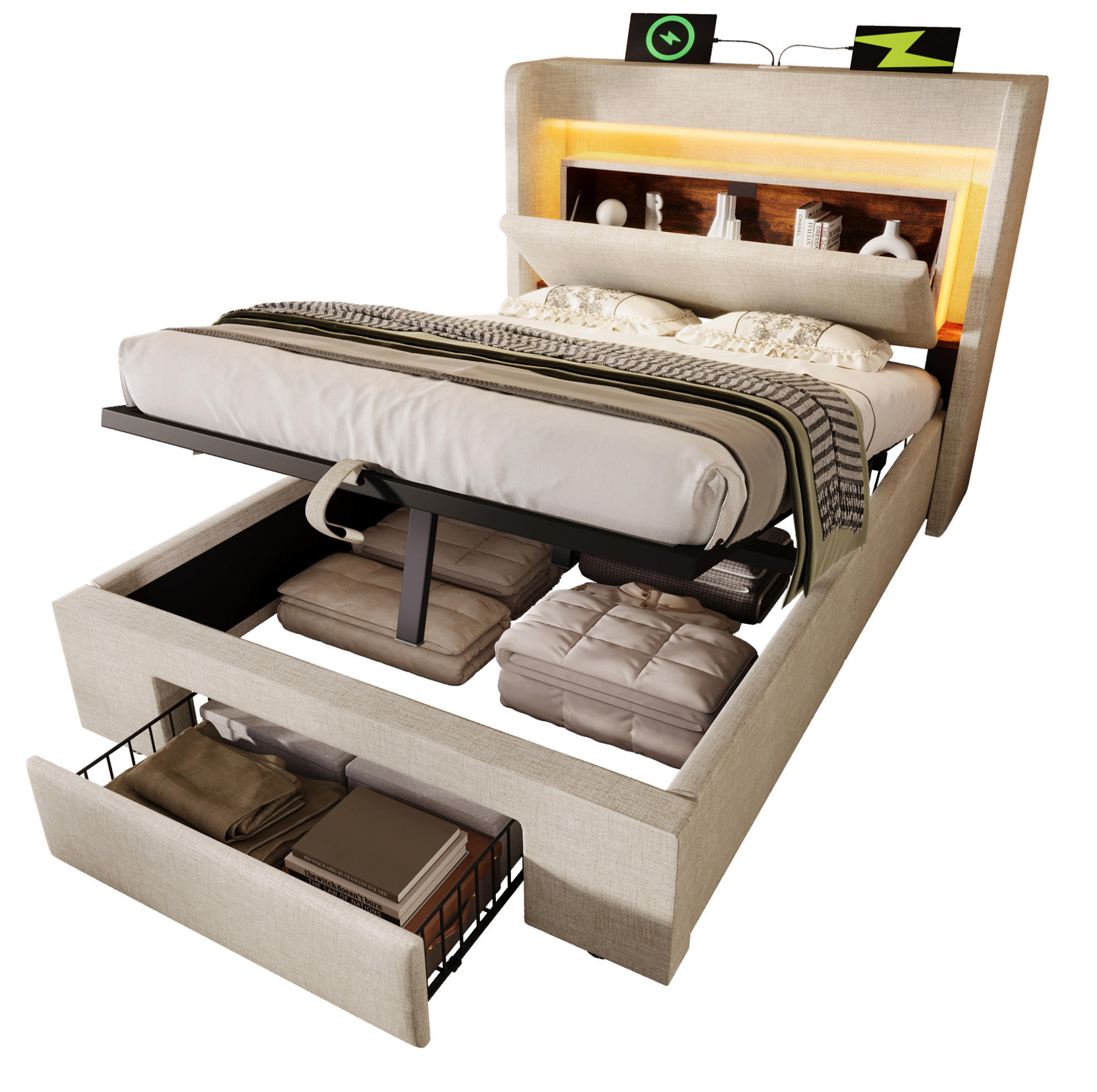 POLSTERBETT 90/200 cm Beige aus Leinen mit Stauraum und LED - Beige, Textil (90/200cm) - OKMYHOME