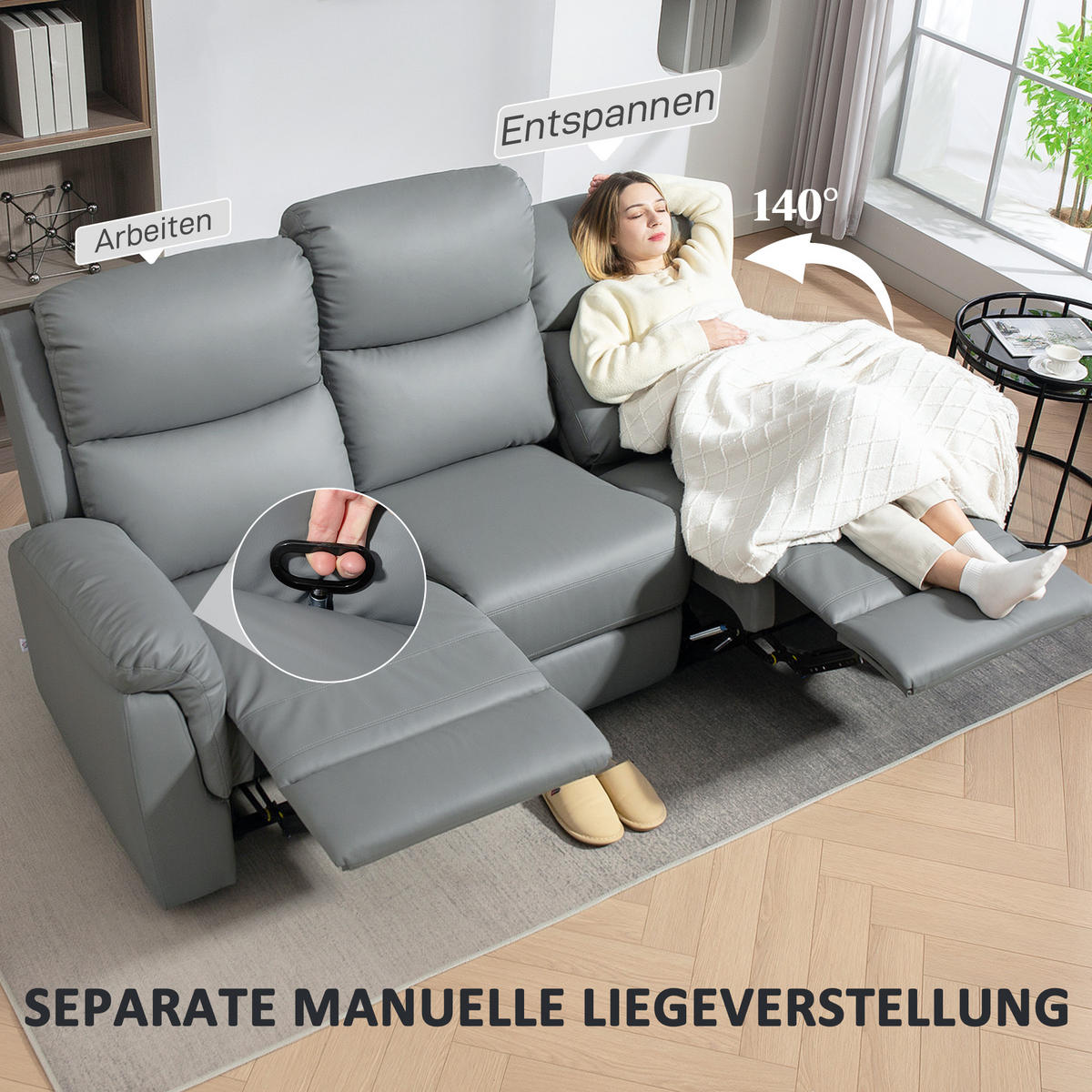 RELAXSESSEL mit Liegefunktion Kunstleder Schaumstoff Dunkelgrau - Dunkelgrau, Leder (89/102/205cm) - HOMCOM