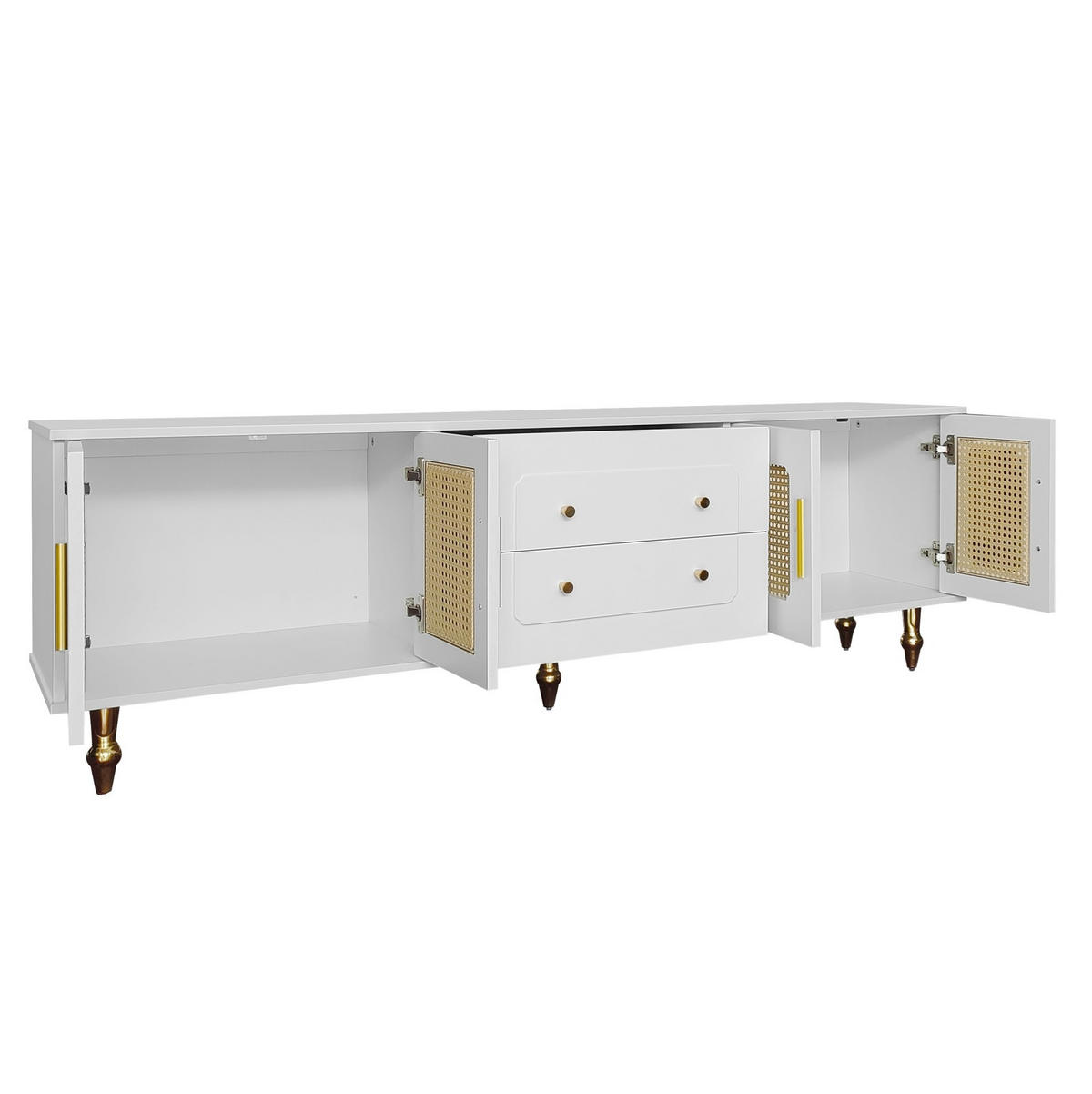 TV ormarić 175/38/55,5 cm bijeli od iverice s PVC vratima od ratana i ladicama na pritisak - bijela, drvni materijal (175/55.5/38cm) - OKWISH