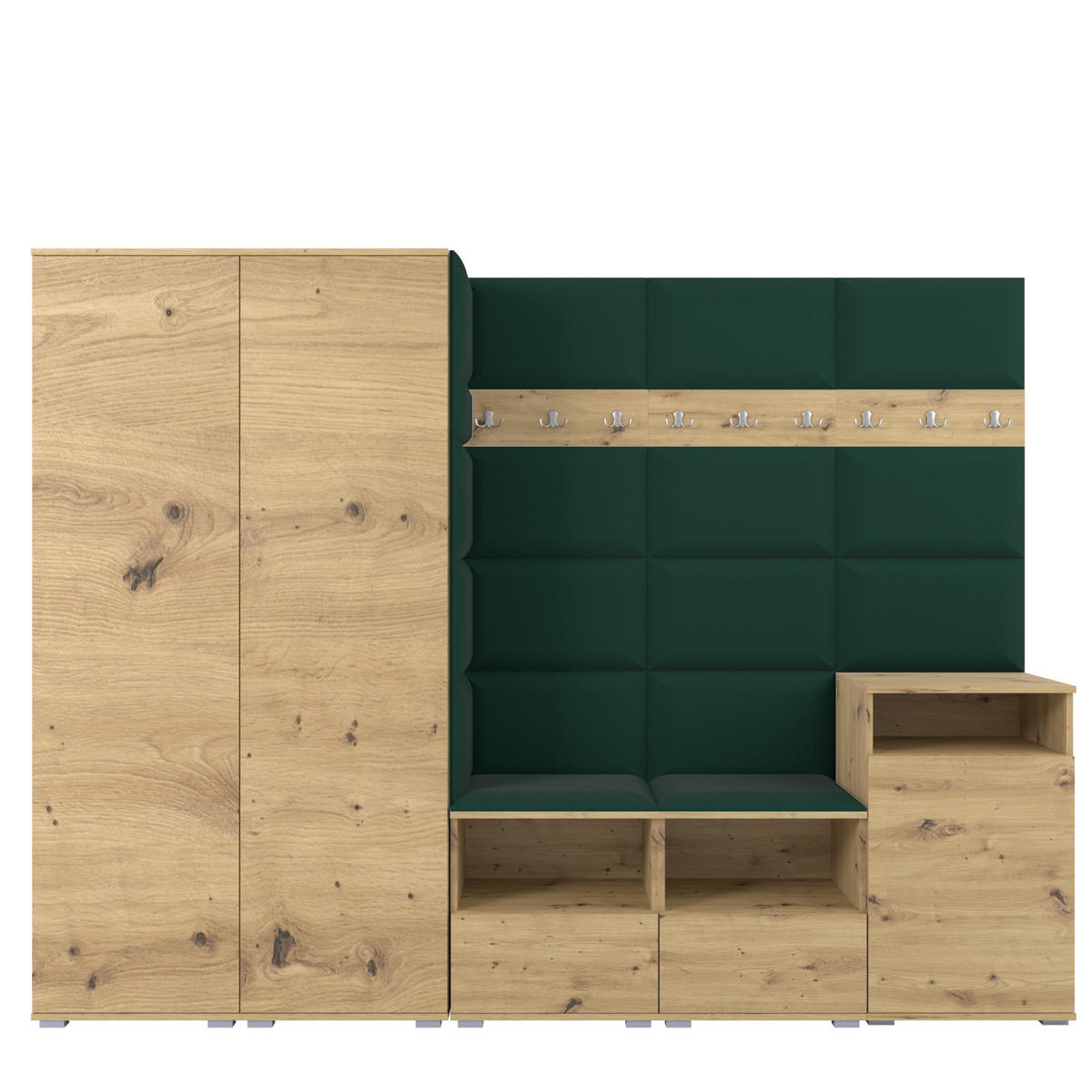 GARDEROBE NELA VIII 250 cm (Modulare Flurmöbel Artisan Eiche mit Sitzpolster Flaschengrün 28 2 Schränke + Sideboard) - Dunkelgrün/Silberfarben, Holz/Holzwerkstoff (250/187/40cm) - Ravio