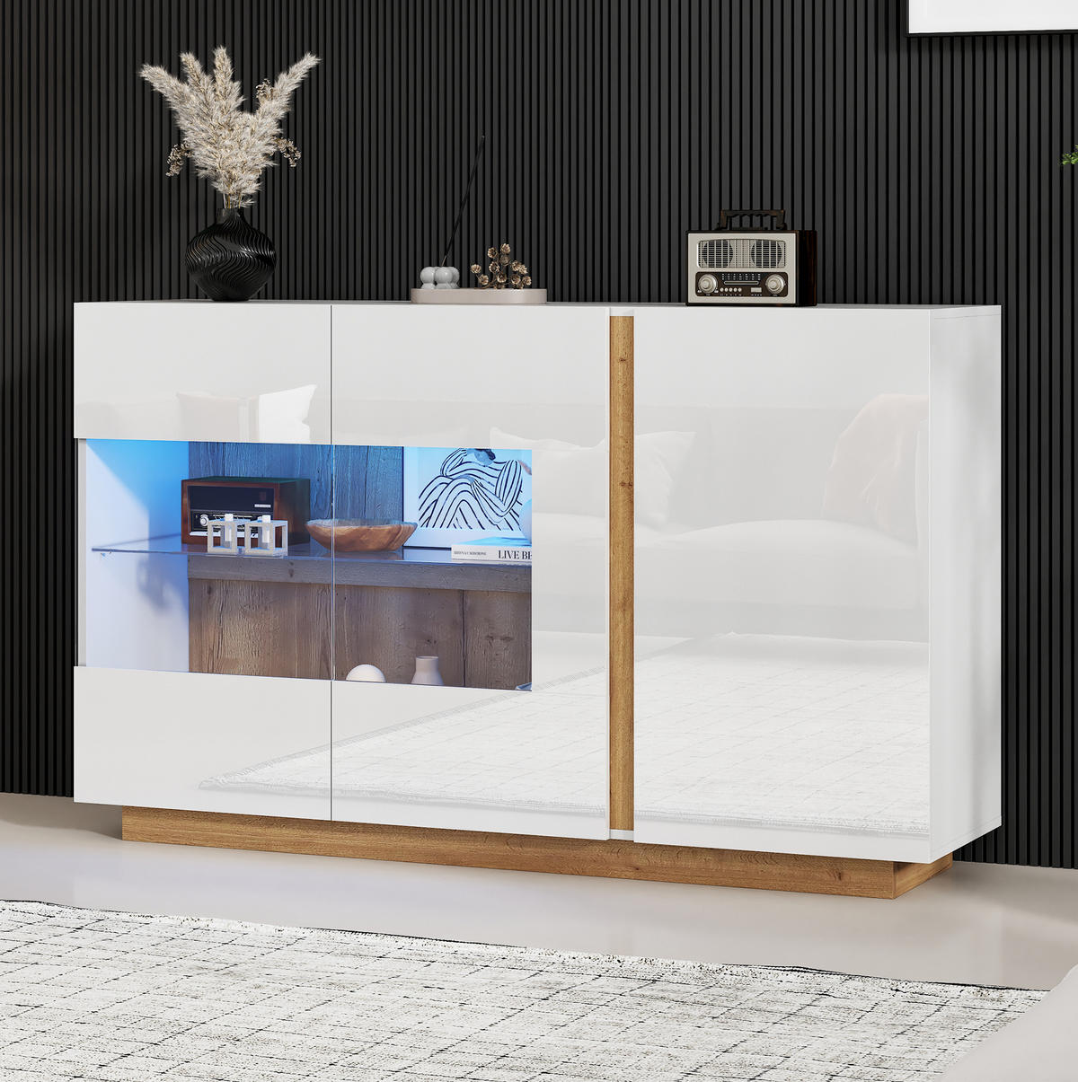 SIDEBOARD 138/38,5/90,5 cm in Weiß Hochglanz mit 3 Türen, Glas & LED - Weiß, Holzwerkstoff (138/90.5/38cm) - BEAOK