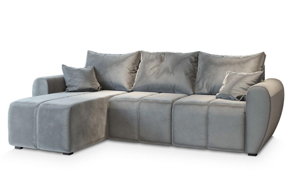 ECKSOFA MADISON Hellgrau Plüsch-Stoff mit Schlaffunktion - Hellgrau, Holz (246/143cm) - MASSENO