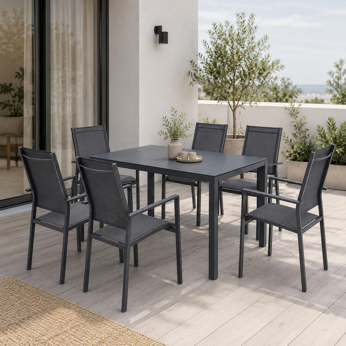 GARTENMÖBEL-SET mit 1 Esstisch und 6 Esszimmerstühlen. Anthrazit und Grau - Anthrazit, Metall - Home Collective