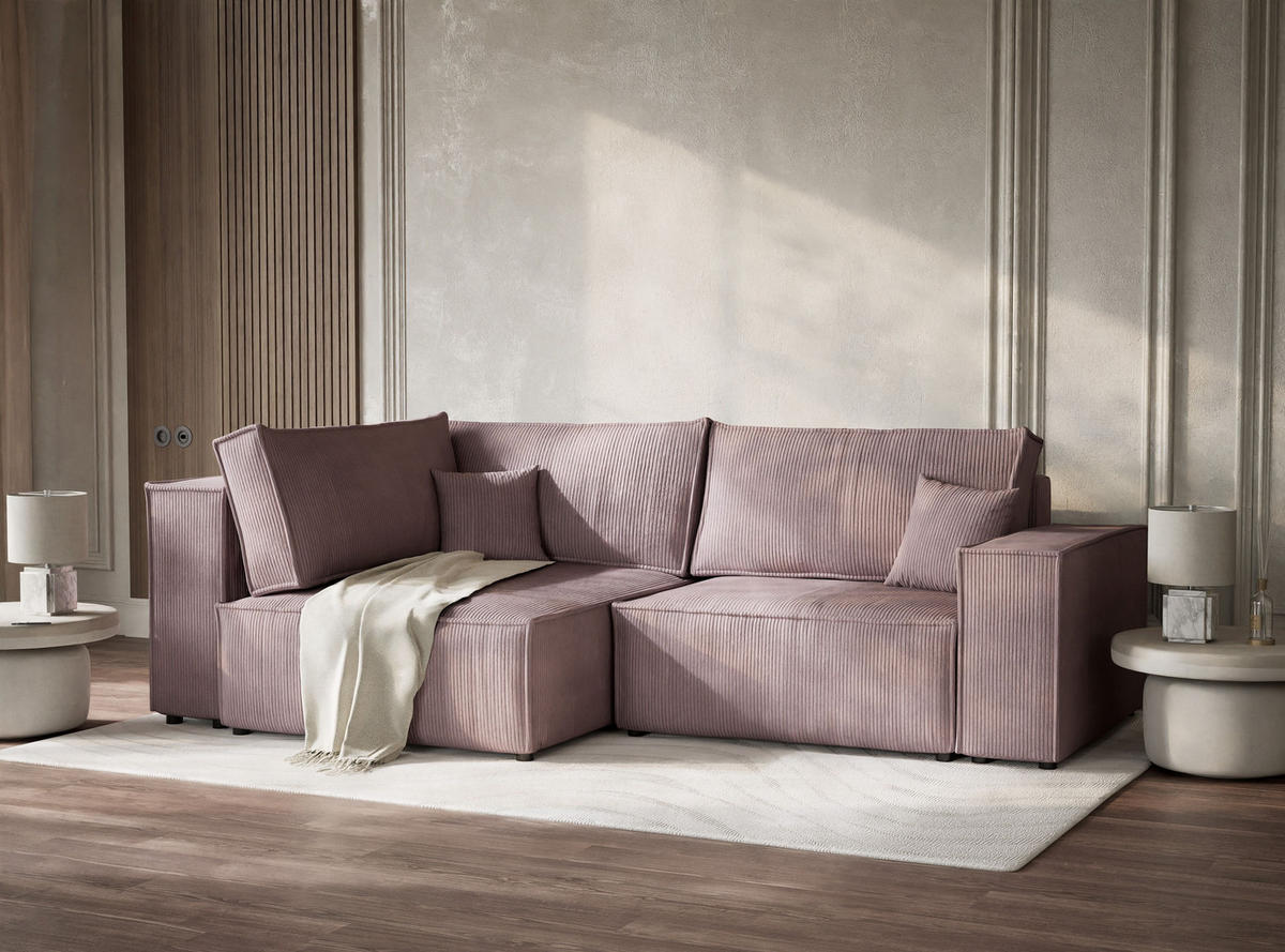 ECKSOFA MIT SCHLAFFUNKTION Tonga Lila Samtstoff - Flieder/Schwarz, Holz/Holzwerkstoff (105/225cm) - Maison de Reve