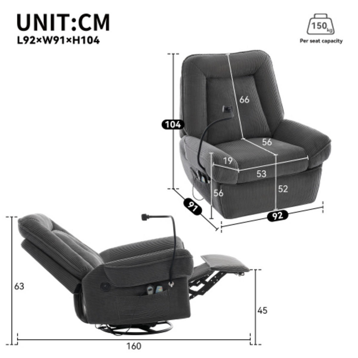 MASSAGESESSEL Relaxsessel 92x91x104 mit Dreh- und Schaukelfunktion und Heizvibration, USB Anschluss, grau - Grau, Textil (91/104/92cm) - Luhomfu