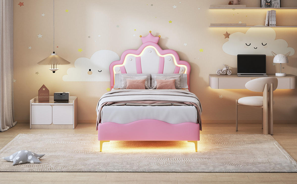 KINDERBETT 90/200 Rosa LED Polsterbett Prinzessin - Rosa, Metall (90/200cm) - Joyfair
