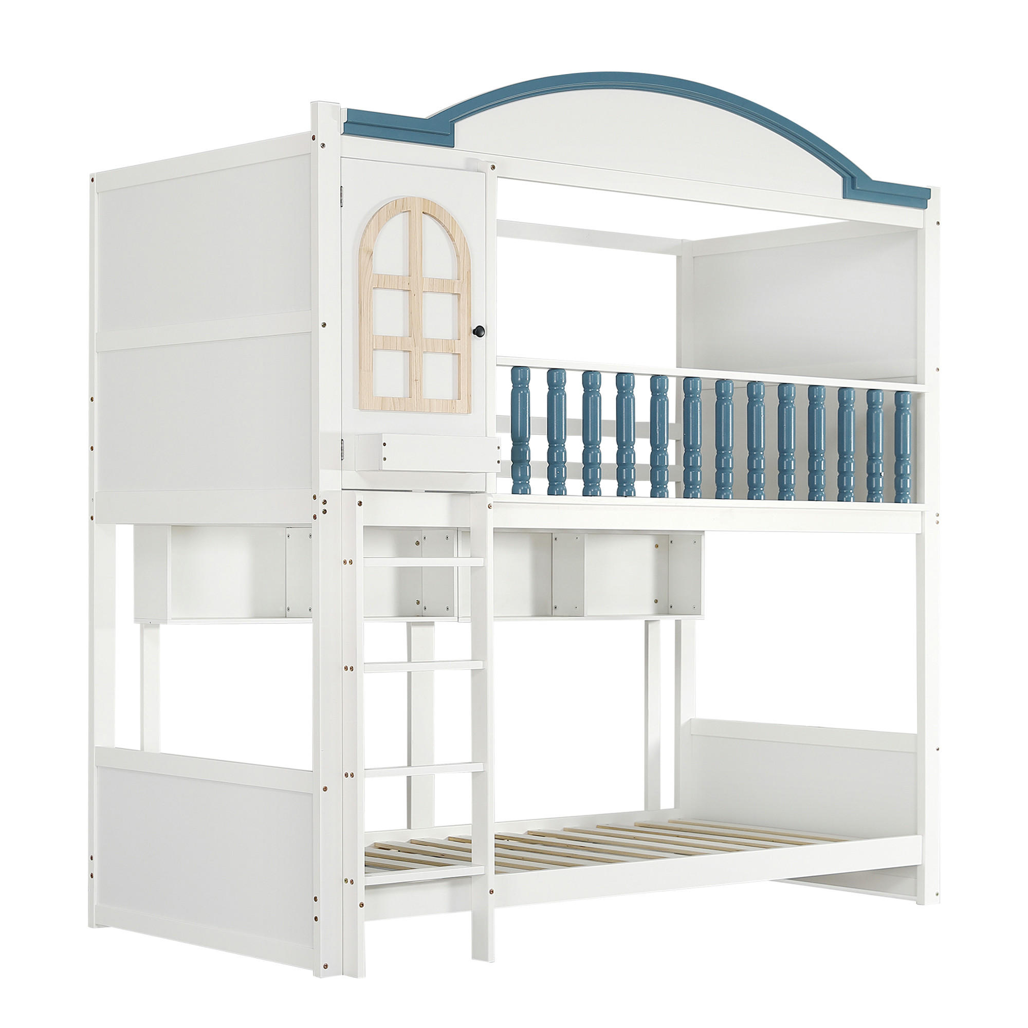 HAUSBETT 90x200cm mit vierstufiger Leiter in Weiß+Blau - Weiß, Holz (90/200cm) - KOMHTOM