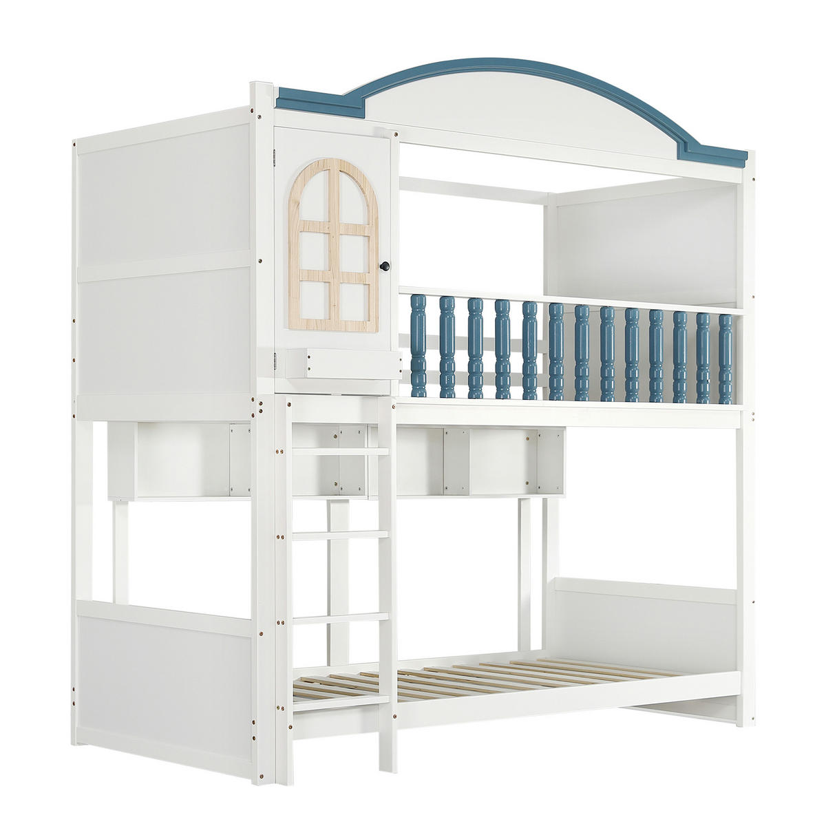 HAUSBETT 90x200cm mit vierstufiger Leiter in Weiß+Blau - Weiß, Holz (90/200cm) - KOMHTOM