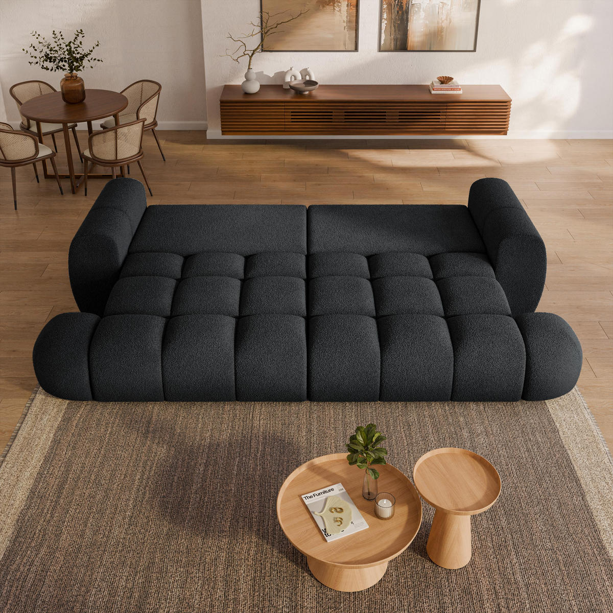 BETTSOFA DAFNE Schwarz Bucle-Stoff mit Schlaffunktion - Schwarz, Textil (300/88/113cm) - MASSENO