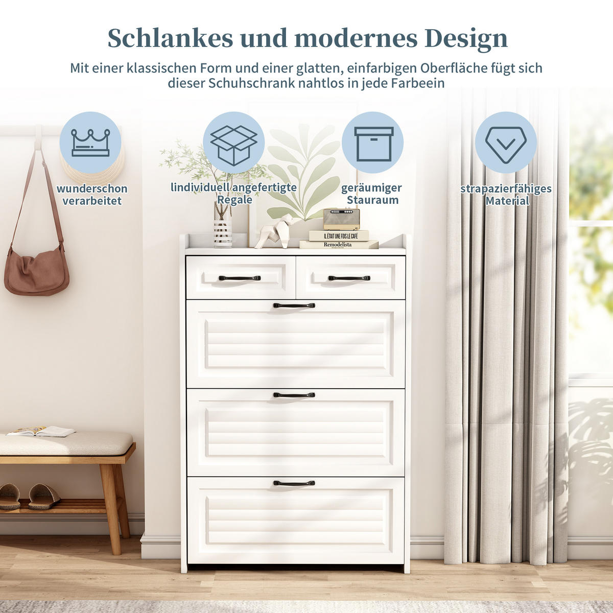 SCHUHSCHRANK 3 Klappen 2 Schubladen Holz 80x23.5x131cm - Weiß, Holzwerkstoff (23.5/131/80cm) - FLIEKS