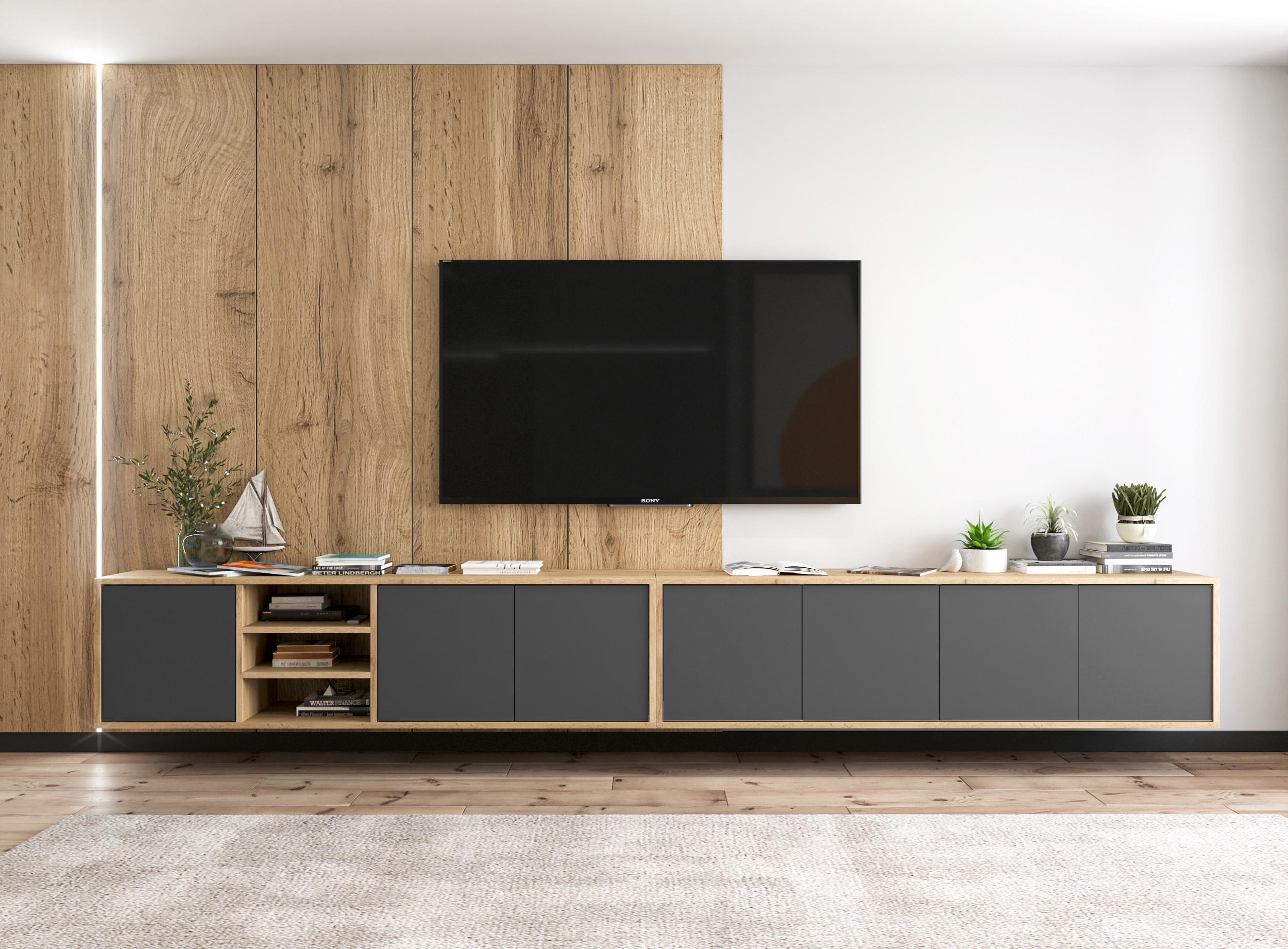 TV-LOWBOARD 2-er Set Apollo Eiche wotan Graphit Matt 150 cm - Graphitfarben, Holzwerkstoff (300/39/35cm) - Meble Lindner