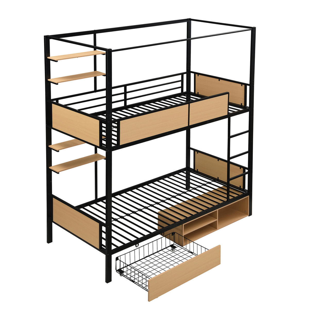 ETAGENBETT 90/200 cm aus Metall und MDF mit Stauraum & Ablagen - Schwarz, Holzwerkstoff (90/200cm) - Flora Grace