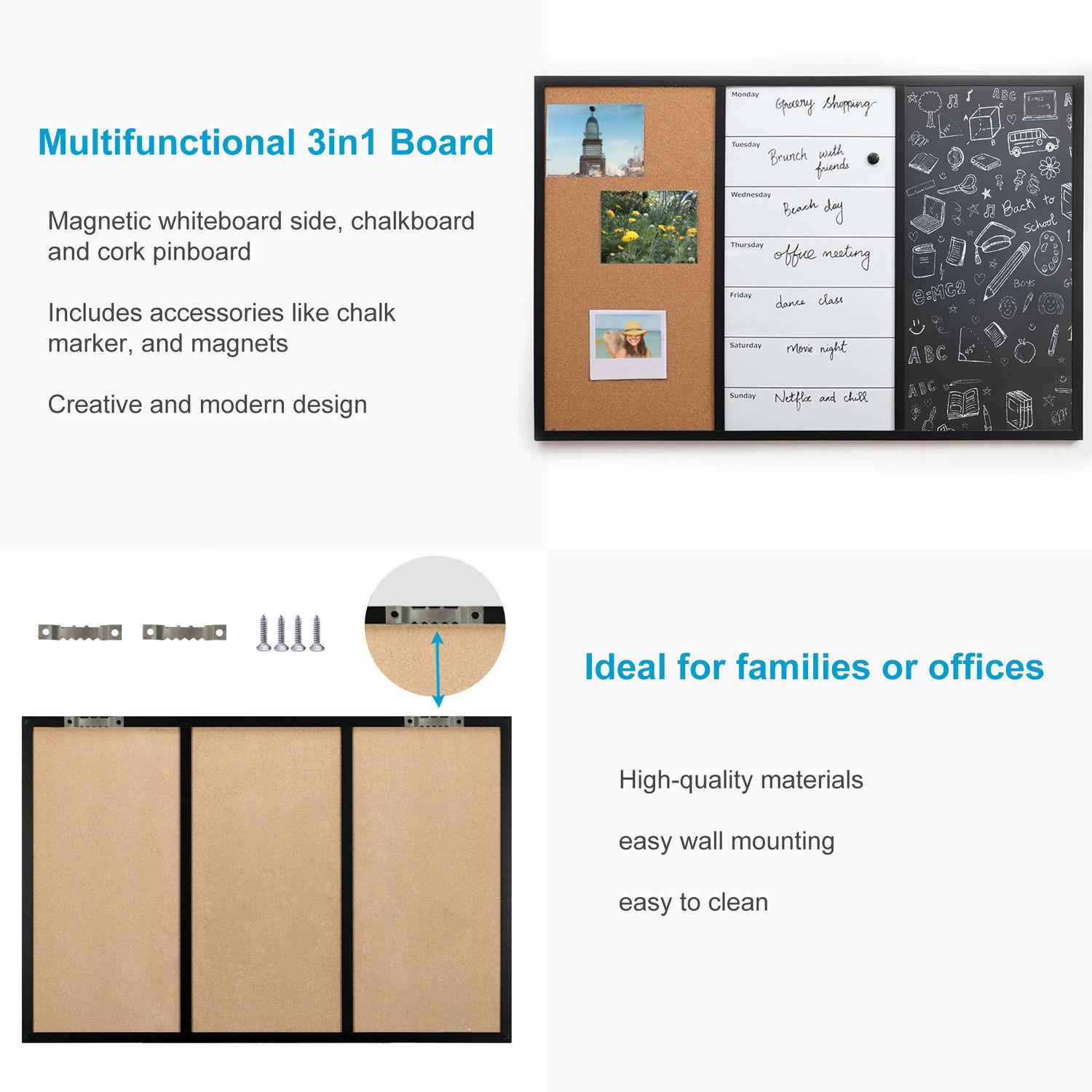 MAGNETTAFEL 3in1 Kreidetafel Whiteboard Pinnwand - Multicolor, Holzwerkstoff (40/1.5/60cm) - Intirilife