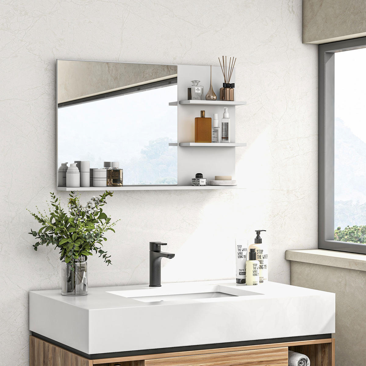 BADEZIMMERSPIEGEL mit zwei seitlichen Ablagen und einer unteren Ablage,75 x 10 x 48 cm ,weiß - Weiß, Glas (10/48/75cm) - Vallsero