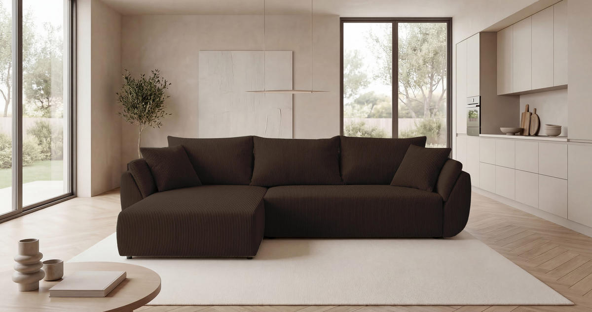 ROHOVÁ pohovka SYDNEY levá hnědá manšestr Poso 6 - funkce spaní, úložný prostor - hnědá, textil (280/174cm) - Cornero