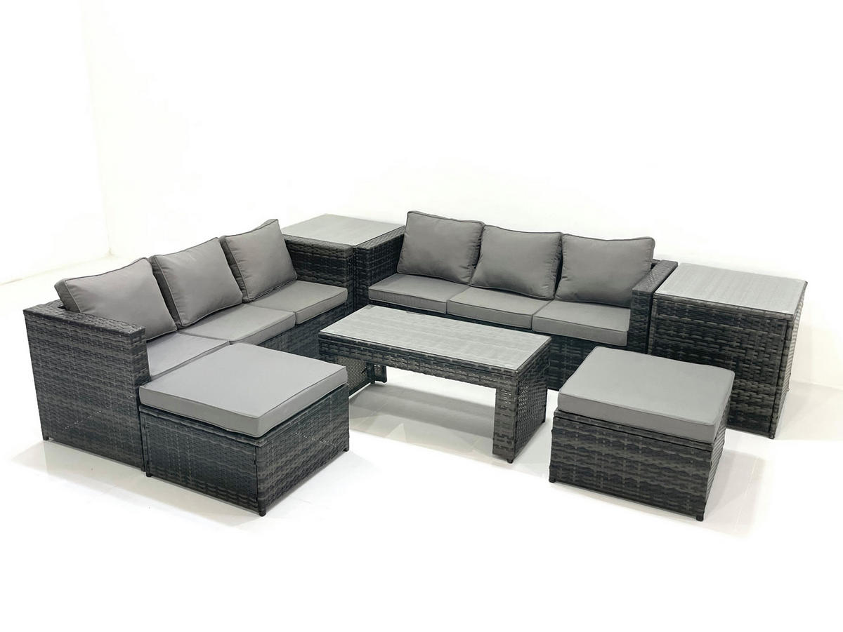 GARTENMÖBEL COUCHTISCH SET mit Sofa Polyrattan Outdoor 8-Sitzer - Dunkelgrau/Grau, Glas/Kunststoff - Fimous