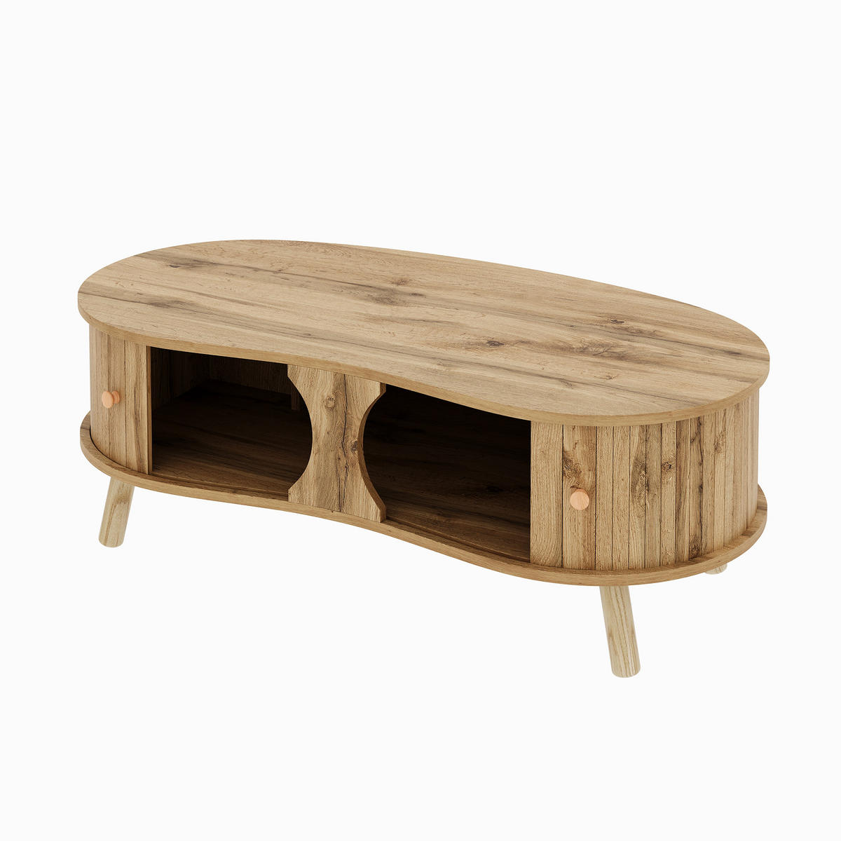 COUCHTISCH holzoptik & rillen-design erbsenform & schiebetüren - Naturfarben, Holzwerkstoff (50/108/37cm) - Urban Meuble