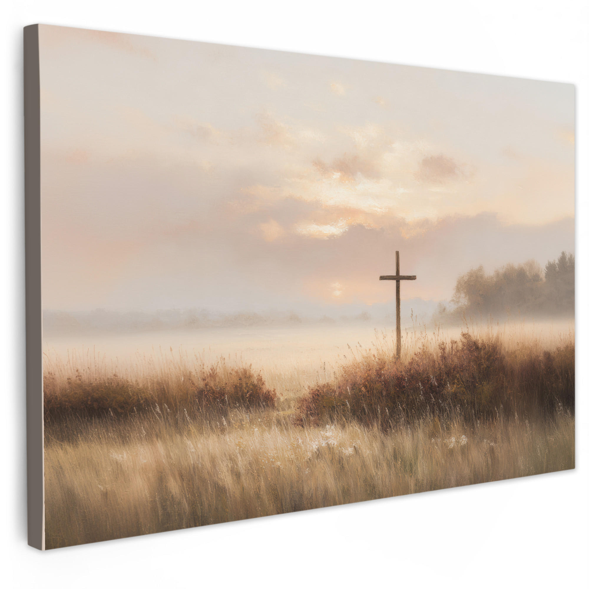 MuchoWow OBRAZ NA PLÁTNĚ Tráva - Ranní mlha - Kříž - Křesťanství 60x40 cm