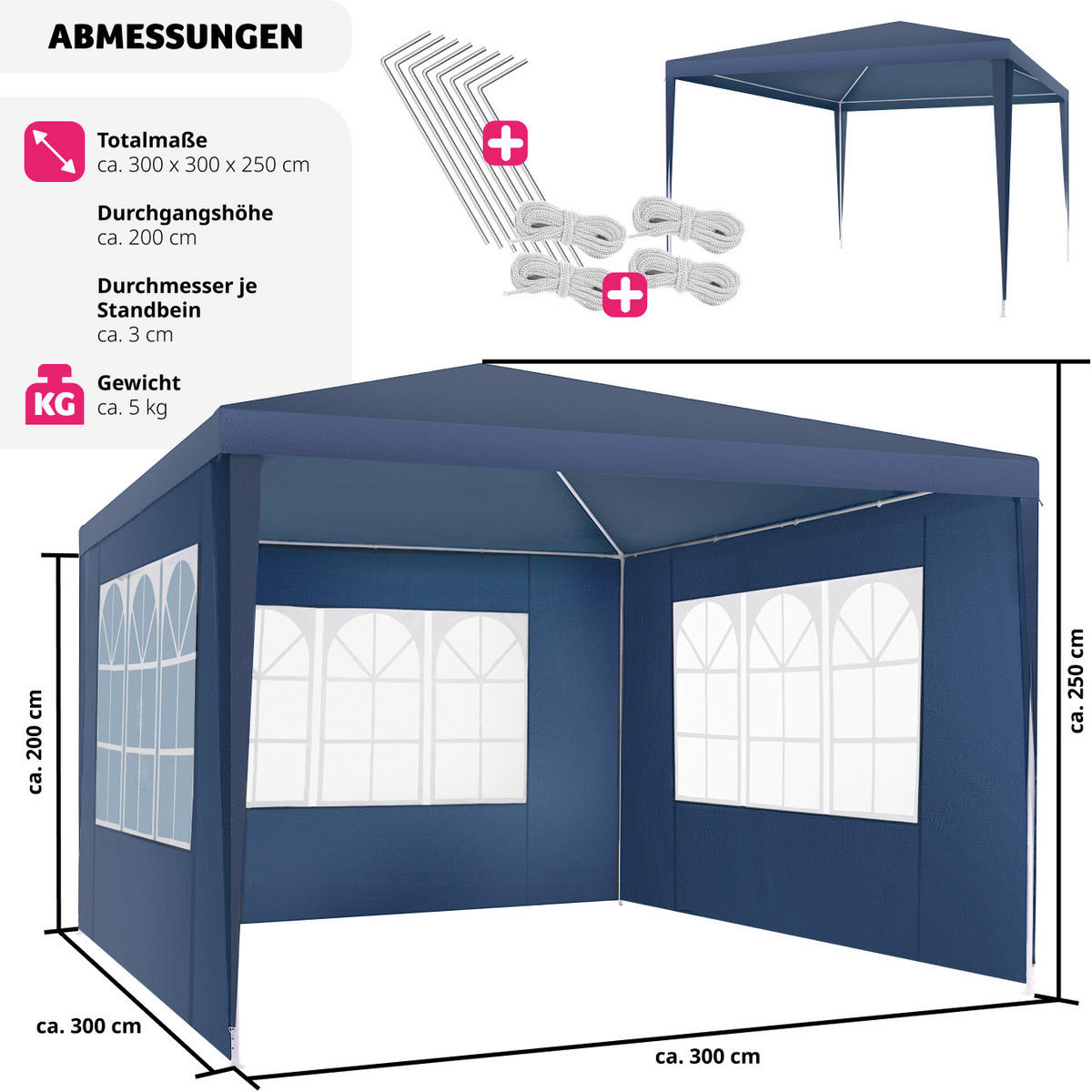 PAVILLON Baraban,inklusive Spannseile und Heringe,blau - Blau, Kunststoff (300/250/300cm) - tectake