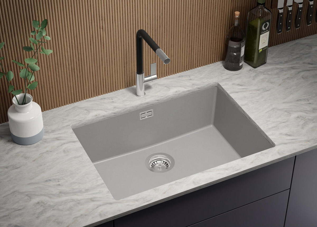 UNTERBAUSPÜLE GRANIT London, 2-er set Grau 66/47 cm 1 Becken + Küchenarmatur 38/14 cm + Ablauf-Set ab 70er Unterschrank - Chromfarben/Grau, Kunststoff (66/20/47cm) - Primagran