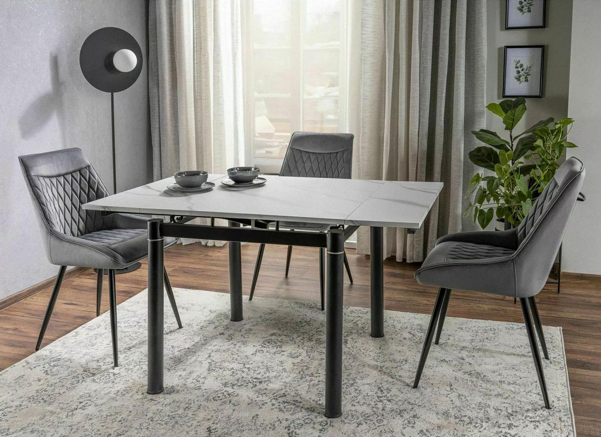 ESSTISCH Gideon Weiß Marmor / Schwarz 110-170 / 74 / 75cm - Schwarz/Weiß, Holz/Holzwerkstoff (74/110/75cm) - Feldmann-Wohnen