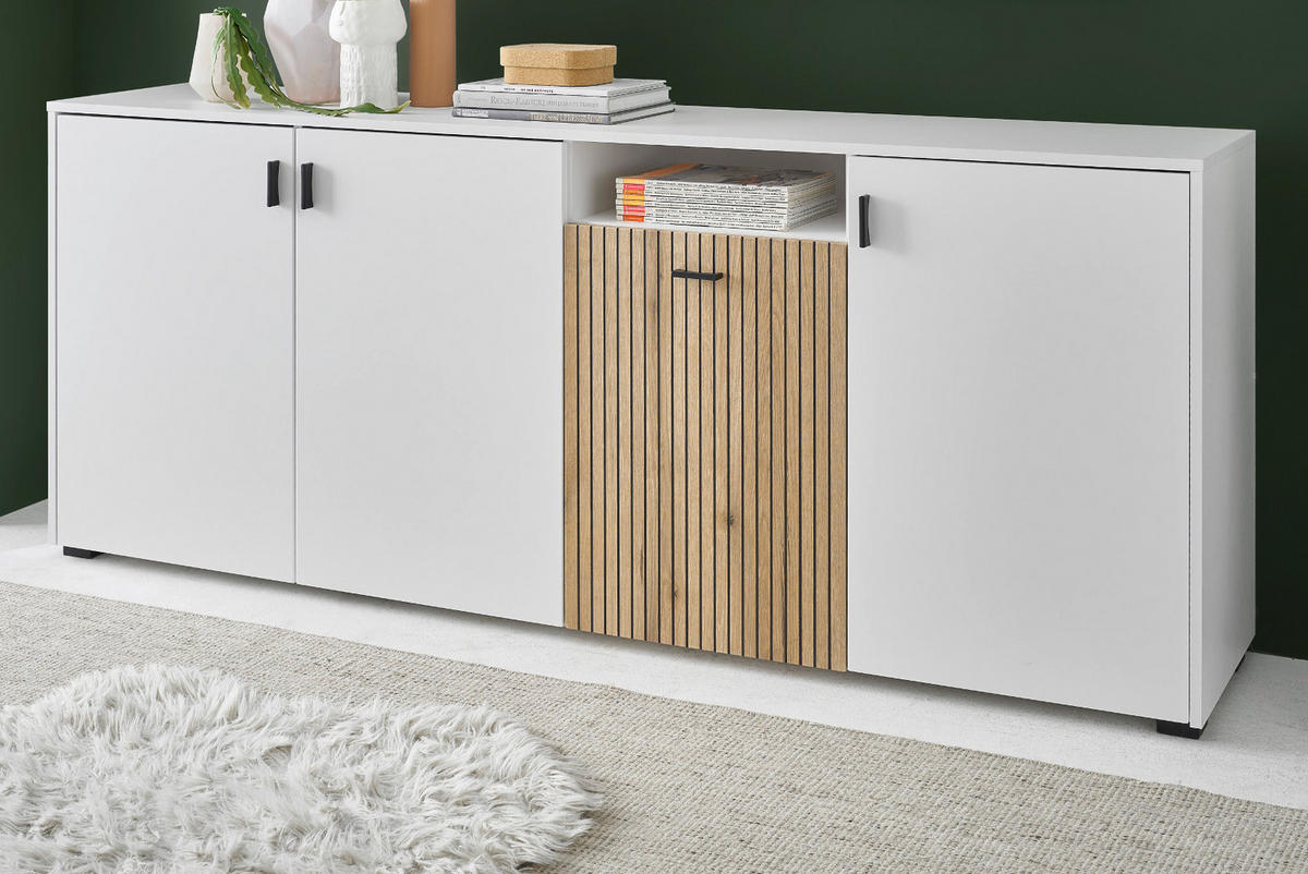 SIDEBOARD weiß matt, Eiche 200 cm, Kommode mit 12 Fächern und Soft-Close - Eichefarben/Schwarz, Holzwerkstoff/Kunststoff (200/80/42cm) - Furn.Design
