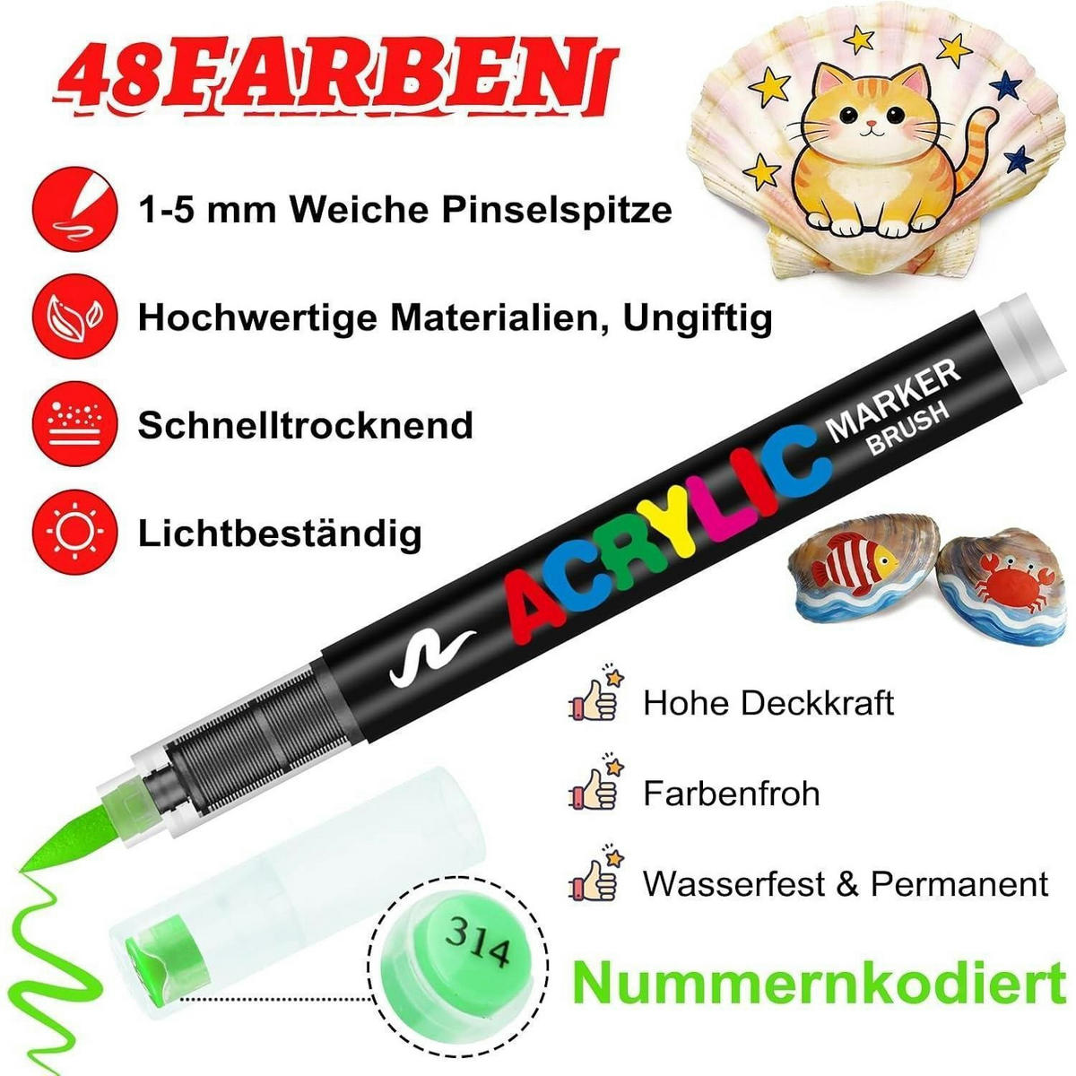 ACRYLSTIFTE 48er Set mit 1-5mm Pinselspitze wasserfest - Multicolor, Kunststoff (13/13/13cm)