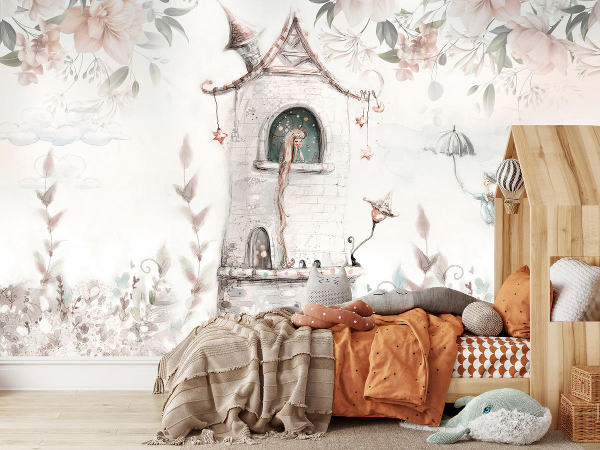 FOTOTAPETE für Kinderzimmer Prinzessin Turm Blumen Pflanzen 200x140 - Multicolor, Papier (200/140cm) - Muralo