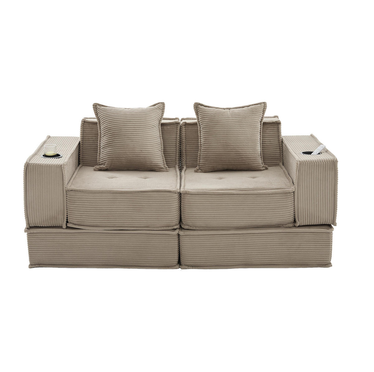 2-SITZER-SOFA 162/78/66 cm mit 2 Kissen, Seitentaschen und modularer Form, Cord Khaki - Beige, Textil (162/66/78cm) - Redom