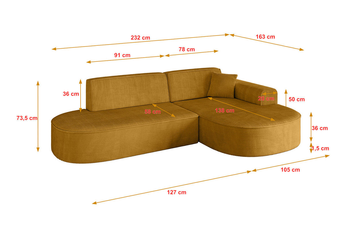 ECKSOFA Ottomane Rechts MARI-L1 - 232x163x73,5 cm Senfgelb Cord - Gelb/Schwarz, Holzwerkstoff/Kunststoff (234/163cm) - ALTDECOR
