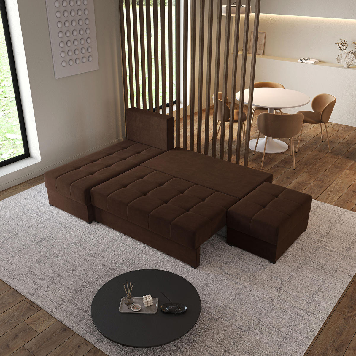 ECKSOFA NORVI Braun Plüsch-Stoff mit Schlaffunktion - Braun, Holz (251/143cm) - MASSENO