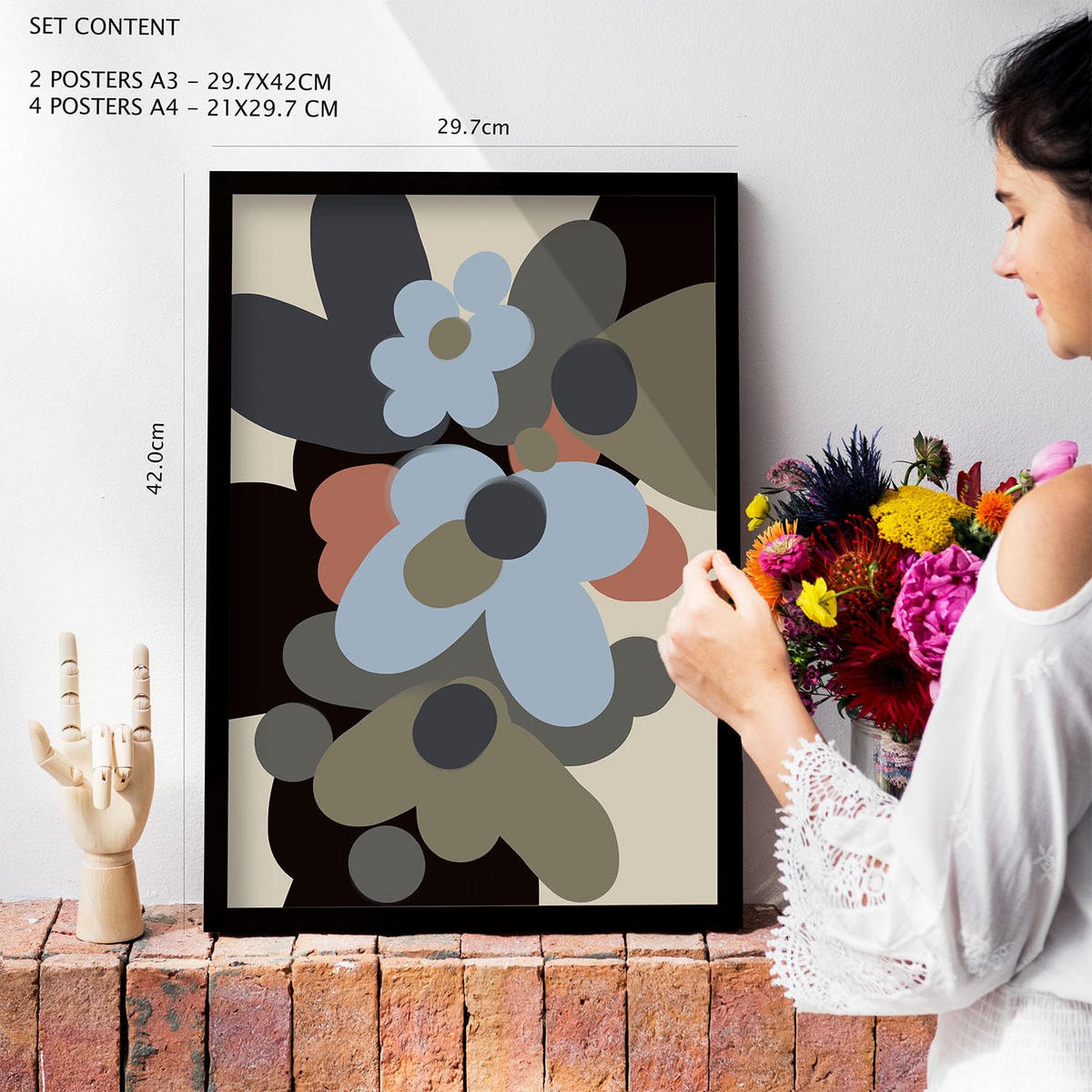 POSTER Set Mit 6 Hodgepodge Blume In Blume Zusammenfassung Ästhetische Dekorative Gemälde Für Ihr Wohnzimmer Zuhause A3 & A4 Rahmen Aus Hellem Holz - Beige, Papier (29/3cm) - Nacnic