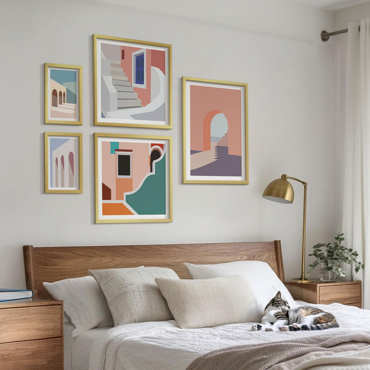 WANDBILDER 5er Set - 50x50 cm & 20x30 cm & 40x60 cm Goldrahmen - Minimalistische Pastellgrafiken - Goldfarben, Kunststoff (40/60cm) - ArtPrintCave