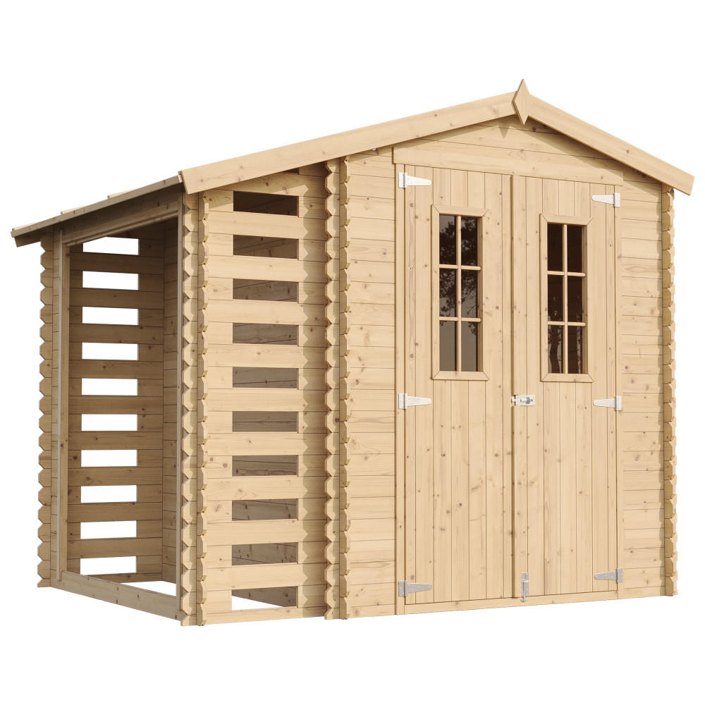 GARTENHAUS HOLZ Mit Brennholzschuppen M386C - B272xL206xH218 cm/ 3,53 + 0,97 m2 - Beige, Holz (272/218/206cm) - Timbela