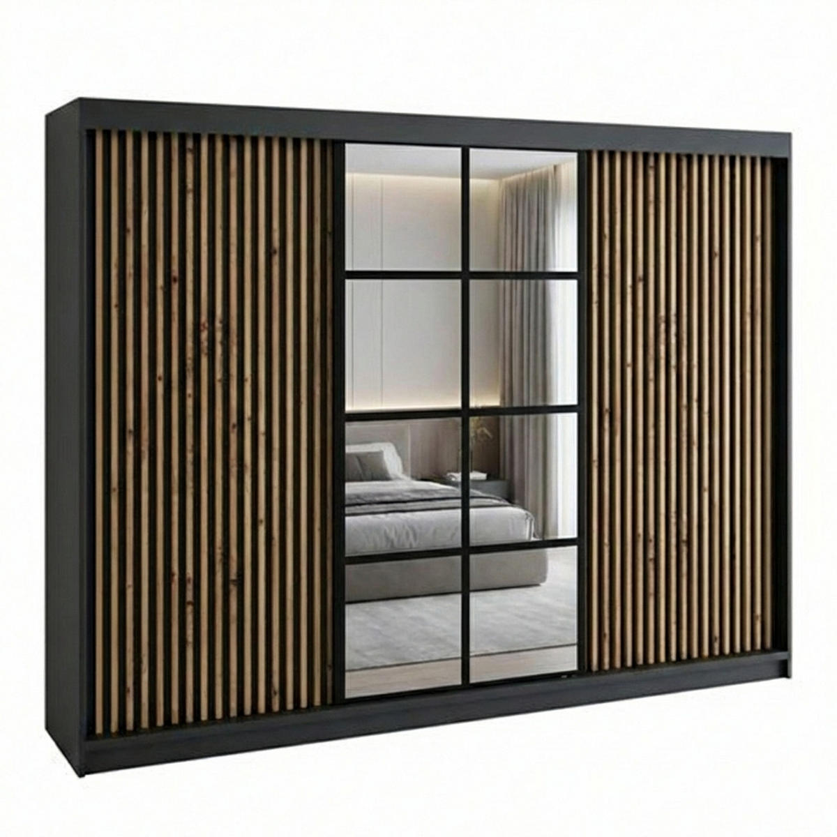 SCHWEBETÜRENSCHRANK NORIVO-Schwarz, Schwarz-Lamelle, Schwarz-Spiegel, Schwarz-Lamelle 200 cm - Schwarz, Holzwerkstoff (200/215/59.5cm) - A&J MöbelLand